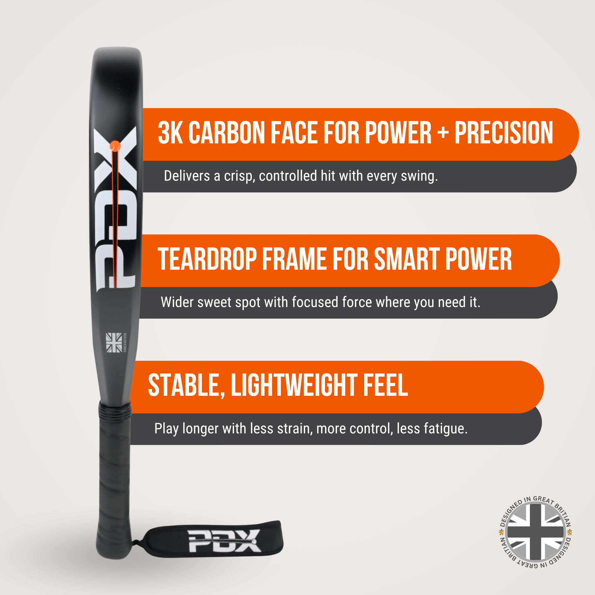 PDX Tormenta Intermediate Padel Racket | Full Carbon Fibre | 365g Diamond | Power