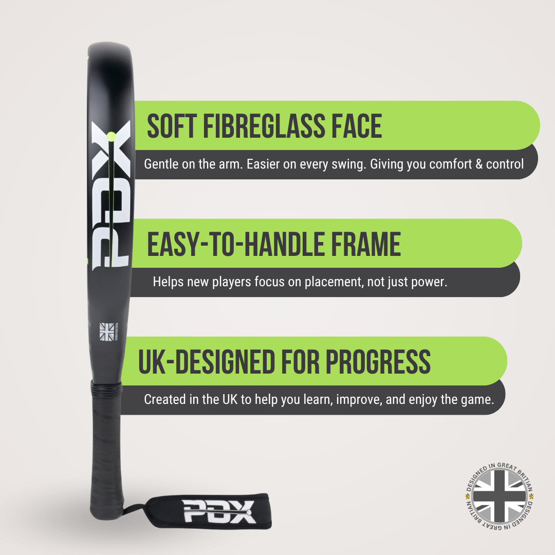 PDX Rayo Beginner Padel Racket | 30% Carbon 70% Fibreglass | 355g Round | Control
