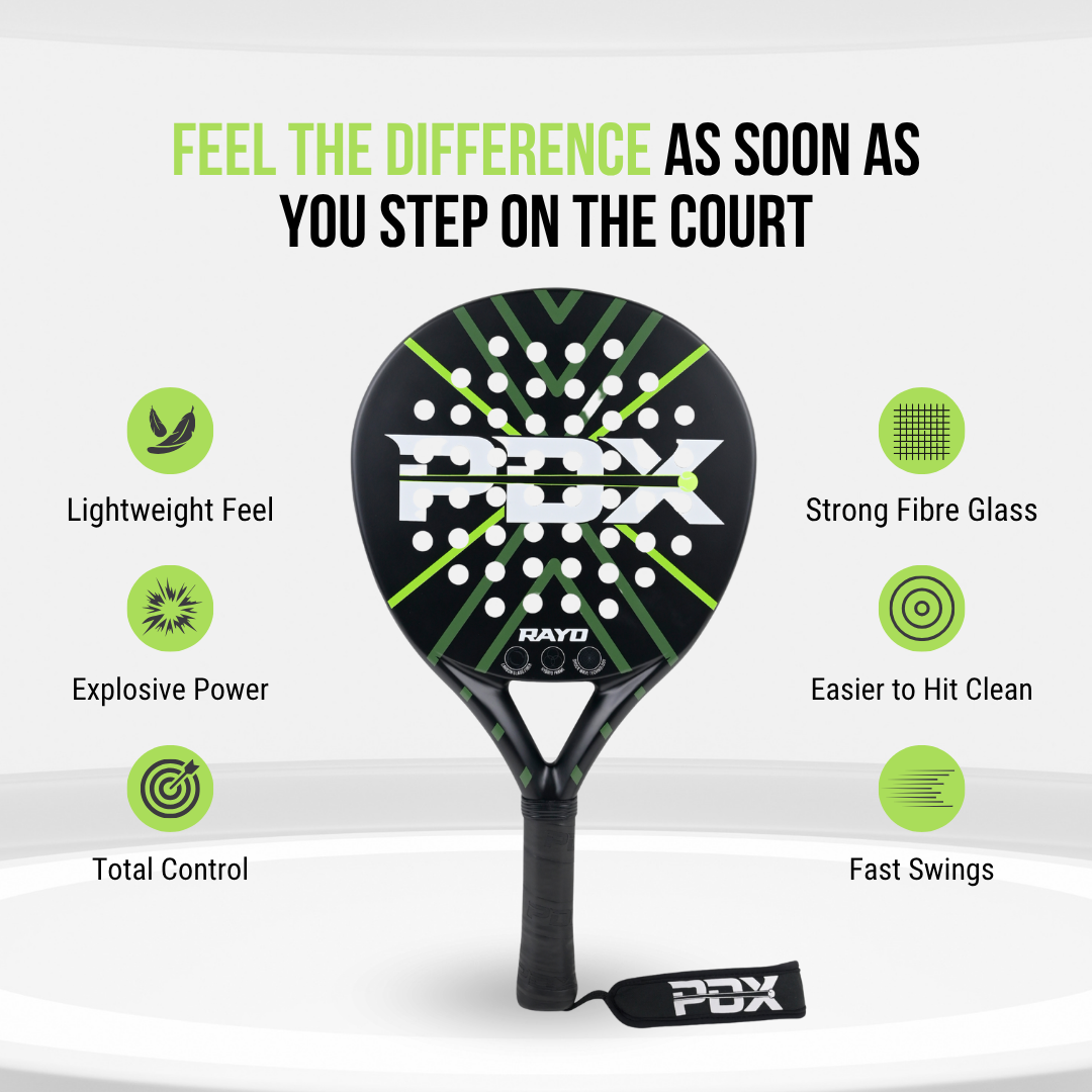 PDX Rayo Beginner Padel Racket | 30% Carbon 70% Fibreglass | 355g Round | Control