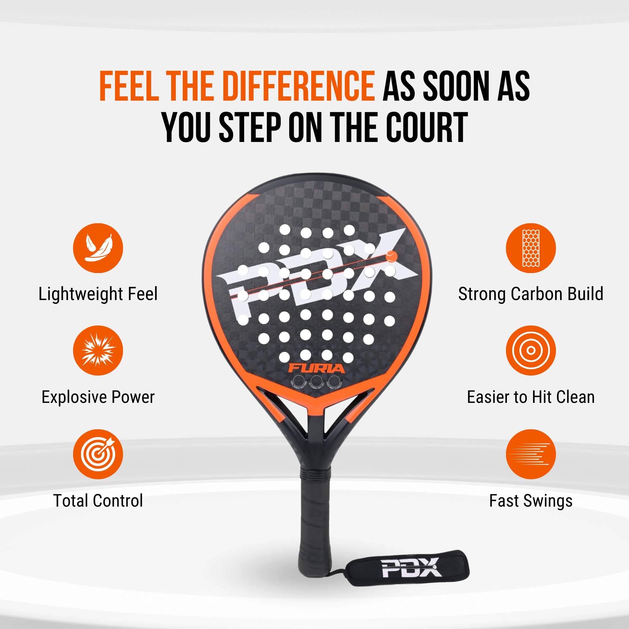 PDX Furia Pro Padel Racket | Full Carbon Fibre 12K Face | 355g Hybrid | Power