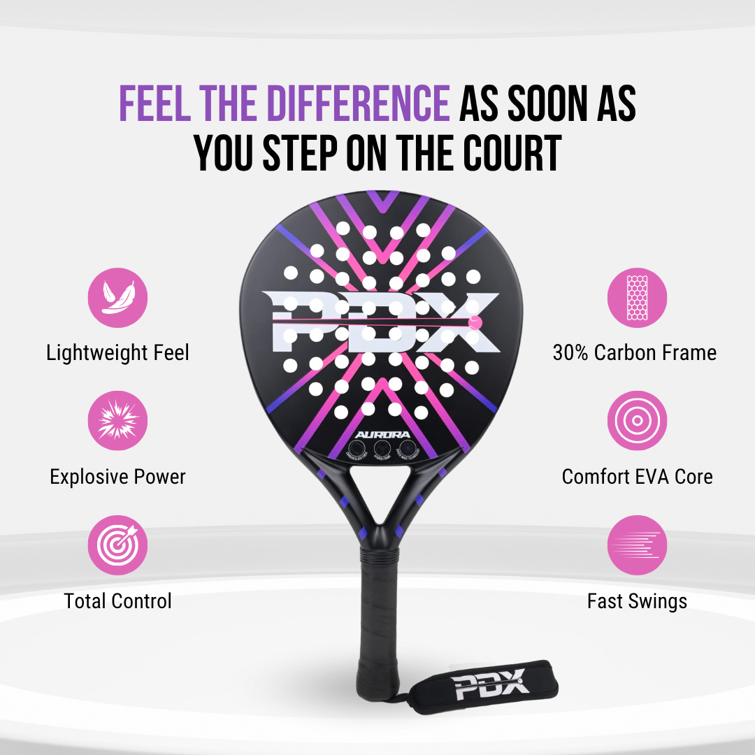 PDX Aurora Beginner Padel Racket | 30% Carbon 70% Fibreglass | 355g Round | Control
