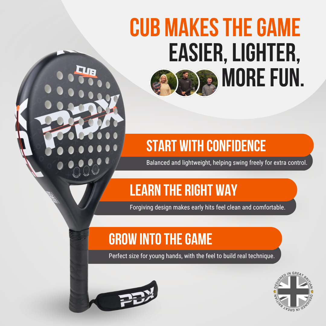 PDX Cub Kids Beginner Padel Racket | Ages 6-12 | 30% Carbon 70% Fibreglass | 270g Round