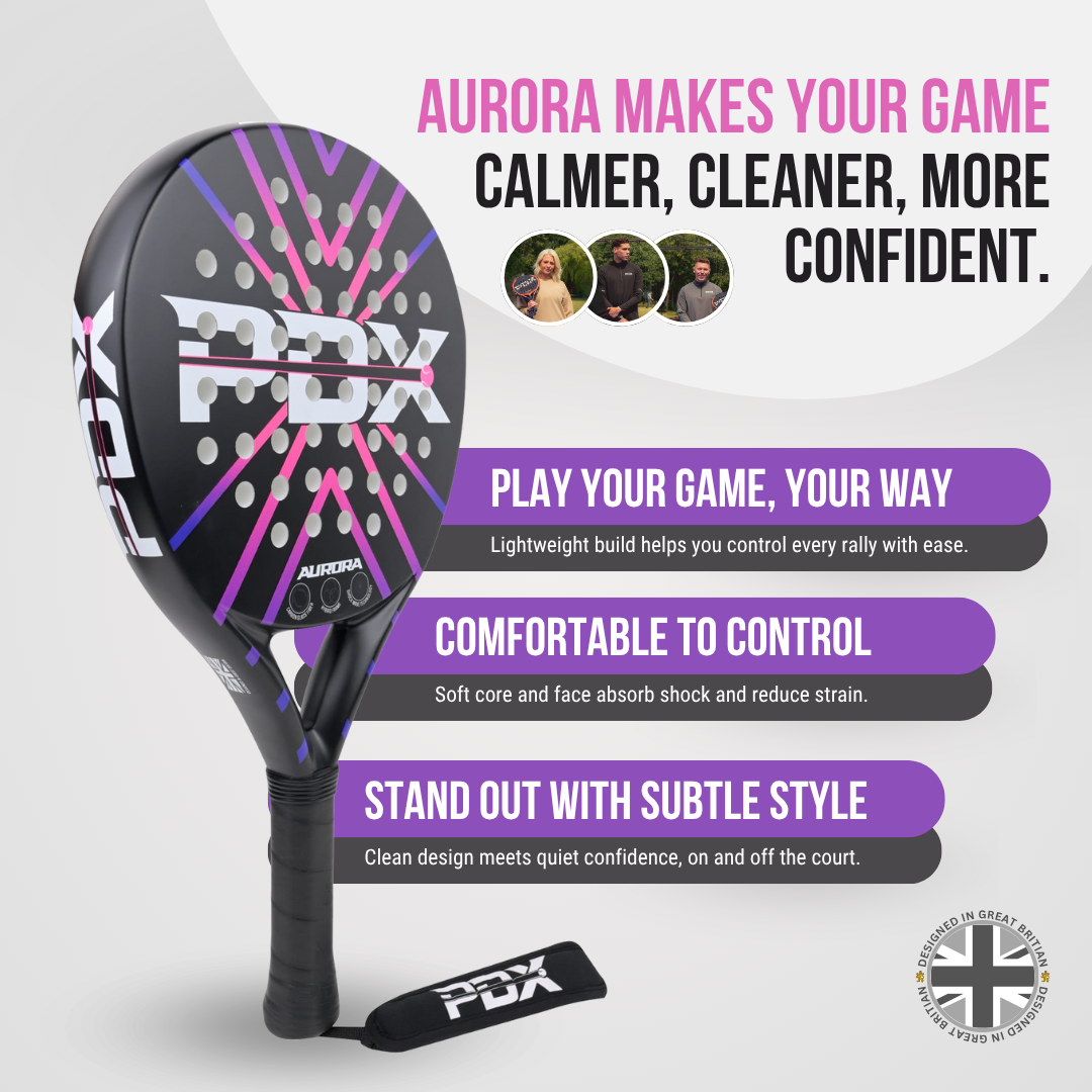 PDX Aurora Beginner Padel Racket | 30% Carbon 70% Fibreglass | 355g Round | Control