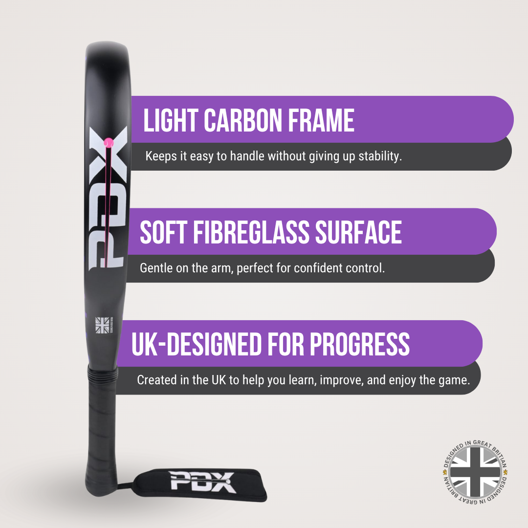 PDX Aurora Beginner Padel Racket | 30% Carbon 70% Fibreglass | 355g Round | Control