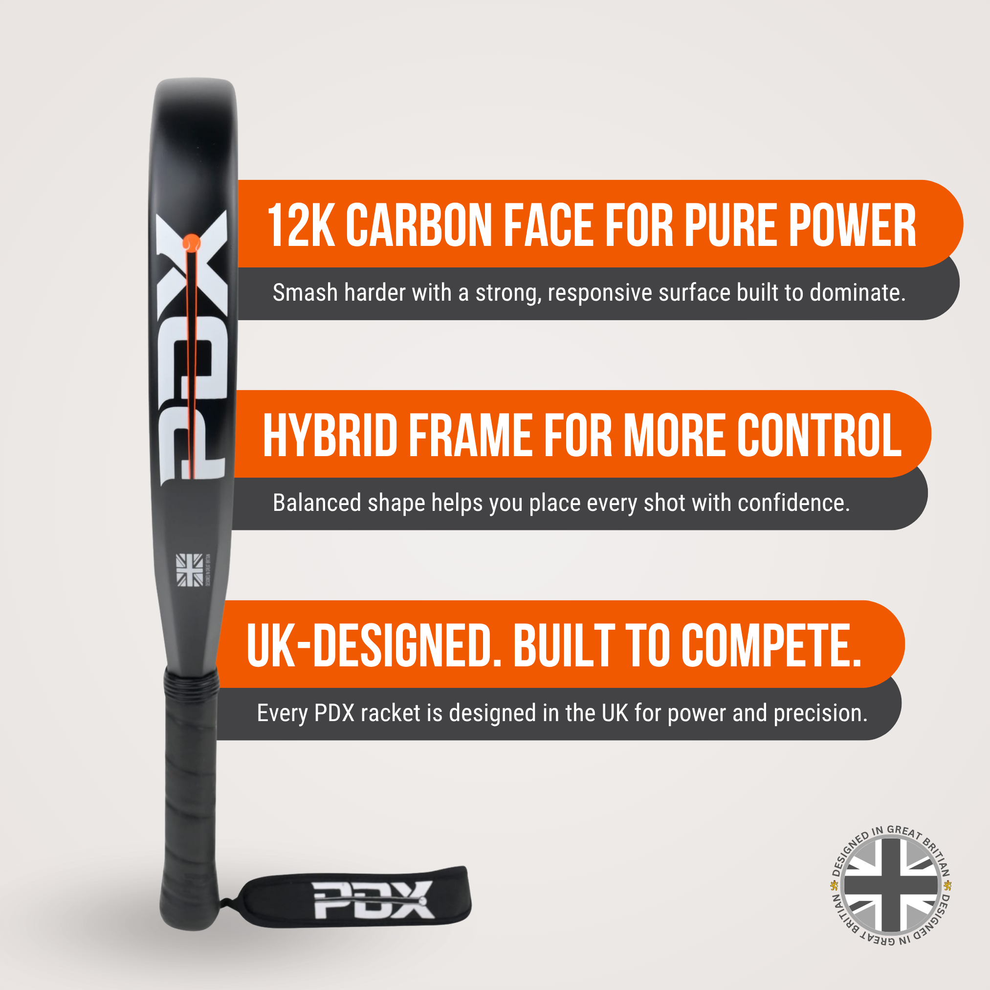 PDX Furia Pro Padel Racket | Full Carbon Fibre 12K Face | 355g Hybrid | Power
