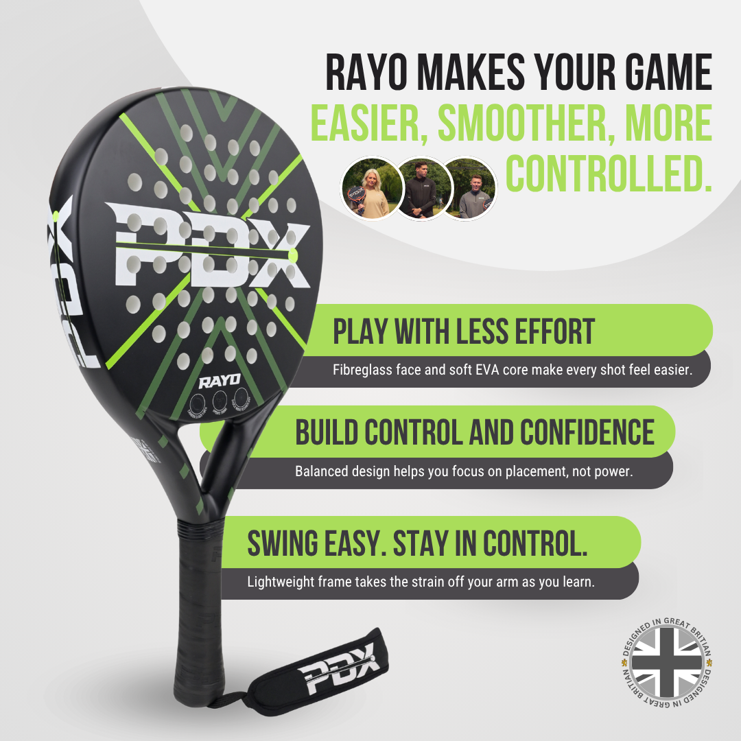 PDX Rayo Beginner Padel Racket | 30% Carbon 70% Fibreglass | 355g Round | Control